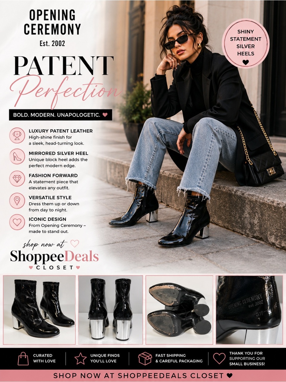 Opening Ceremony Black Patent Leather Ankle Boots with Silver Block Heels